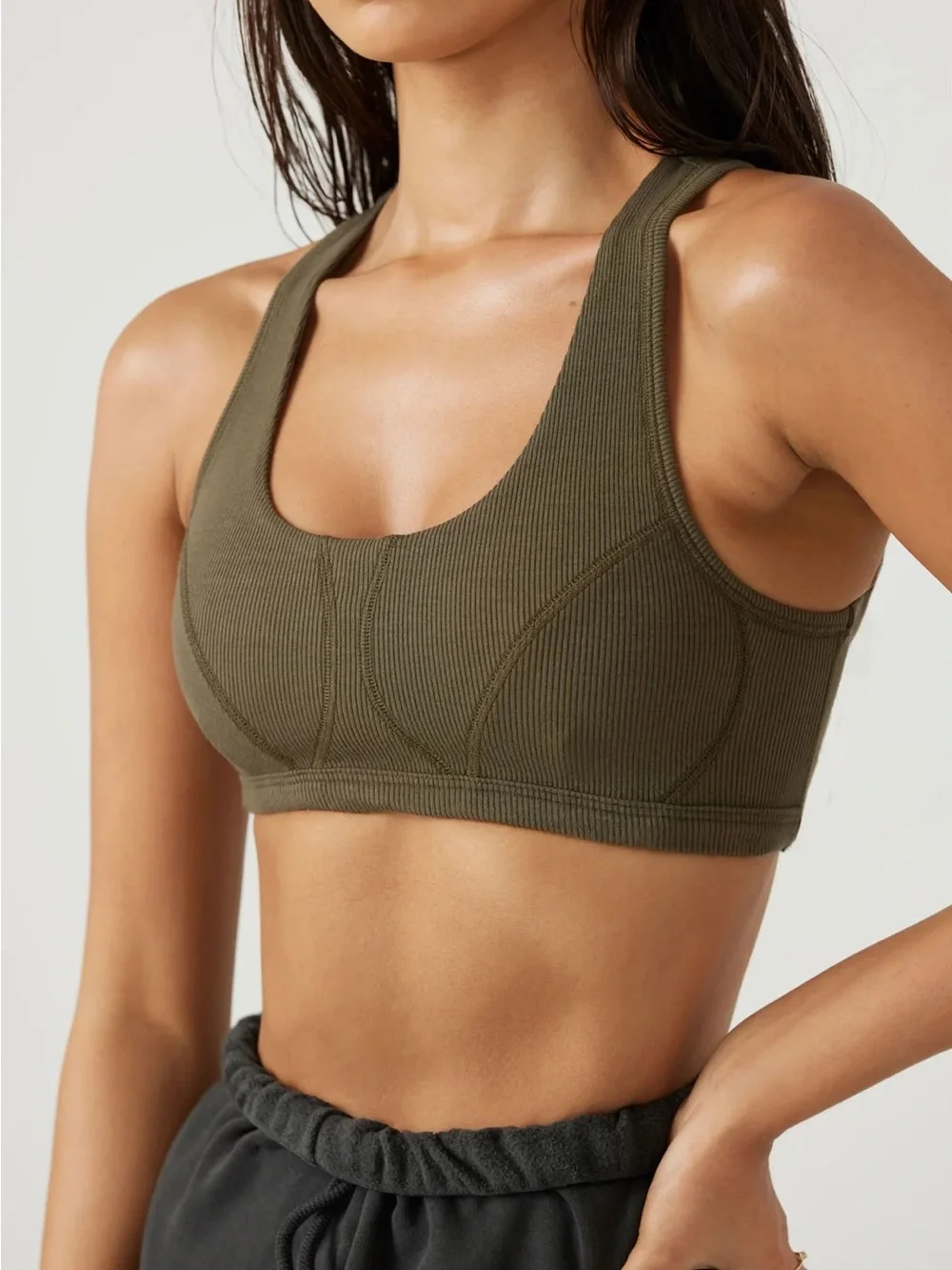 Joah Brown Stitch Bra Ribbed Sports Bralette - Olive
